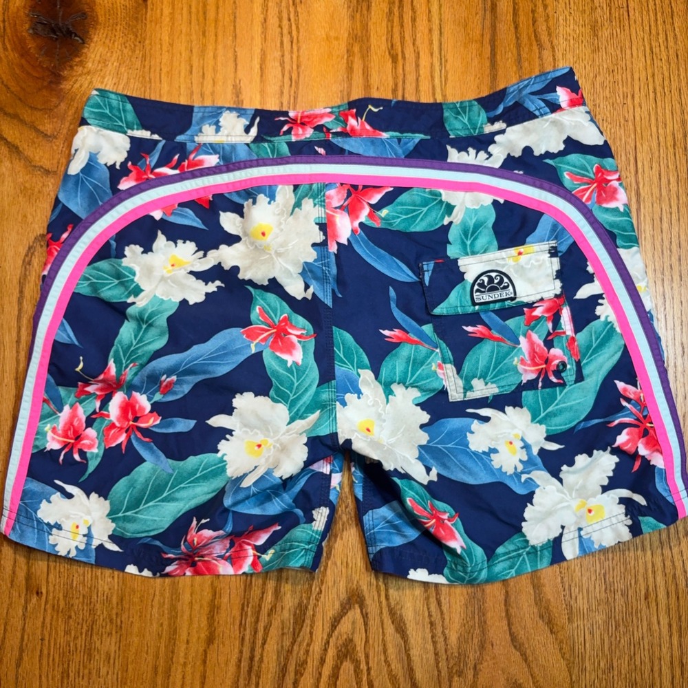 Sundek Swim Trunks Mens 40 Navy Blue Floral Tropical Mesh Lined Board Shorts